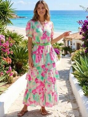 SHEIN Pink Mint Watercolor Floral Ruffle Maxi Dress